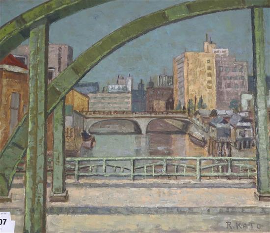 R. Kato (Japanese) oil on canvas, Cityscape, signed with label, 45 x 53cm, unframed